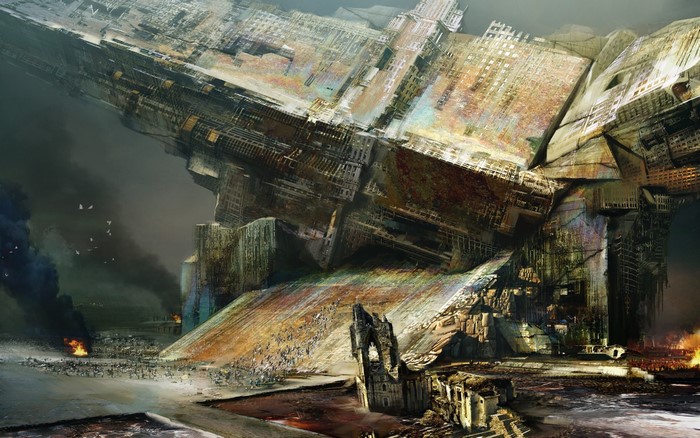 Apocalypse scene with destroyed futuristic city and smoke