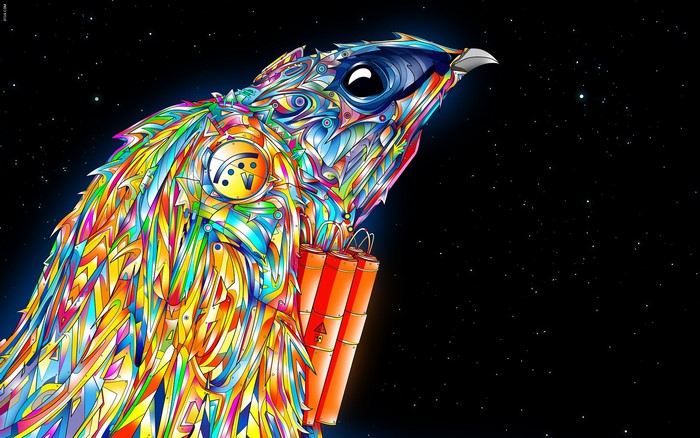 Colorful abstract bird with dynamite in space