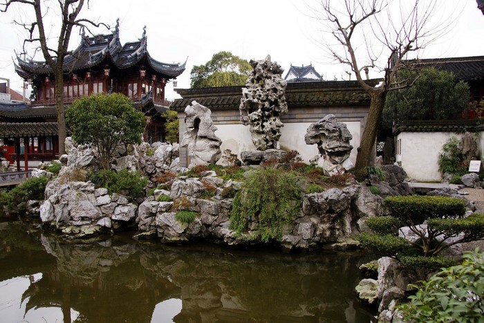 Traditional Chinese Garden with Pond and Pagoda