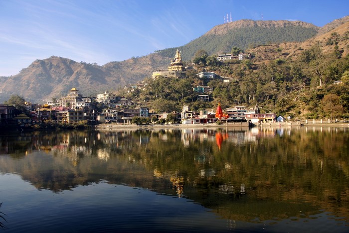 Town on a hill overlooking a lake in India