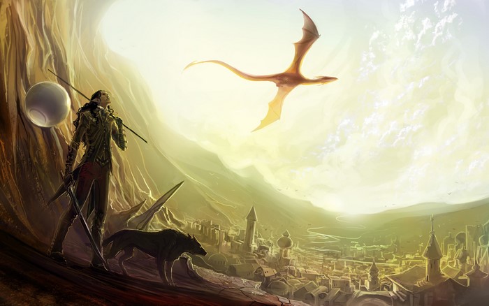 Elf with wolf and dragon over a city