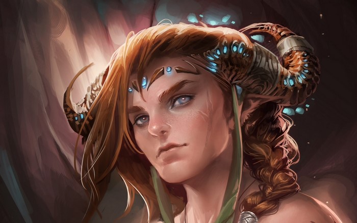 Portrait of a female tiefling with horns and blue gems