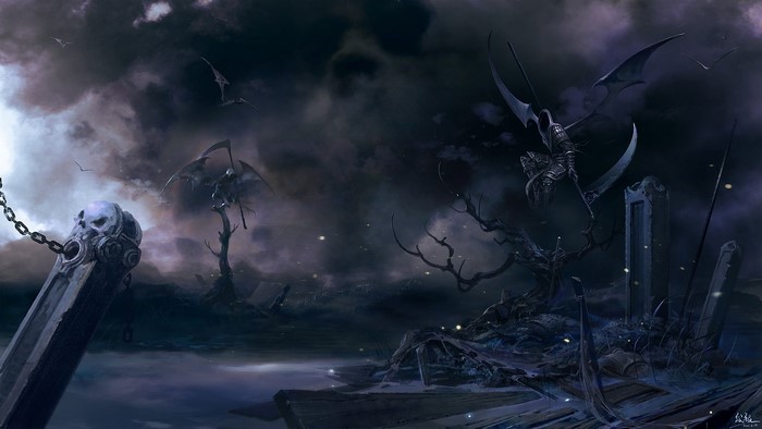 Gothic Fantasy Landscape with Grim Reapers and Flying Creatures