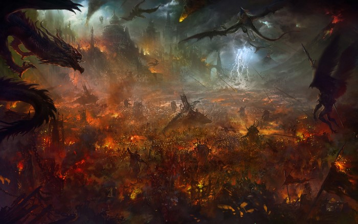 Dragons and armies in a fiery battle