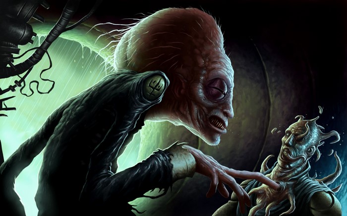 Two grotesque alien monsters in a dark, eerie environment