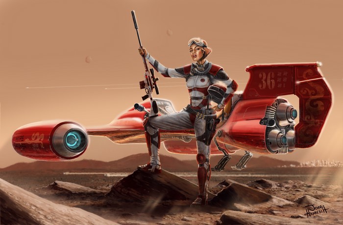 Woman with rifle and speeder on alien planet