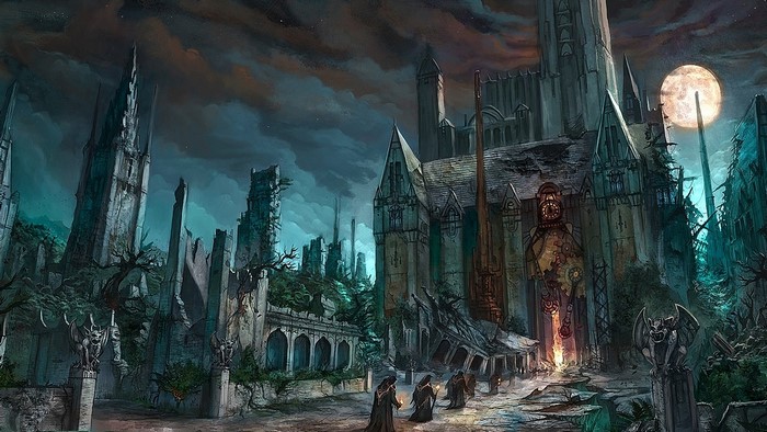 Gothic fantasy ruins with figures and a full moon