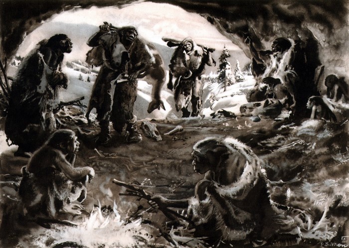 Cave dwellers in a snowy landscape by Zdenek Burian