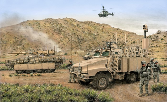 Military vehicles and soldiers in a desert landscape