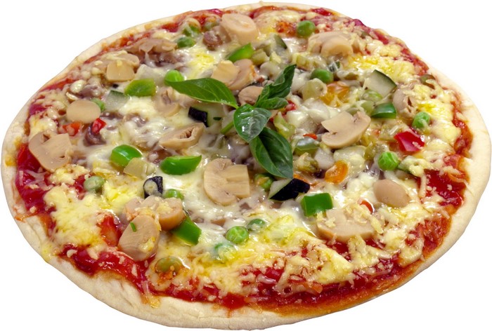 Vegetable pizza with mushrooms, peas, and basil