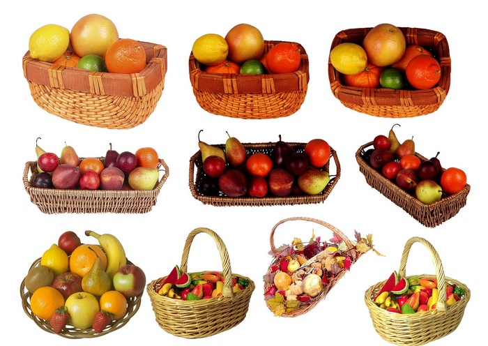 Various fruit baskets with lemons, grapefruits, oranges, pears, apples, and bananas