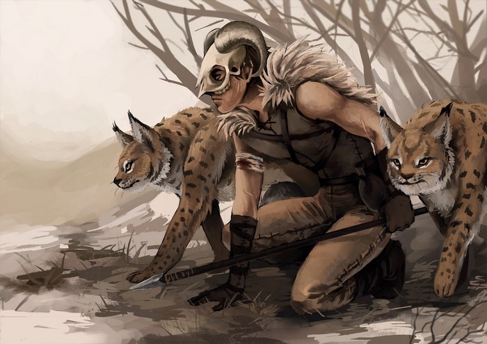 Warrior with ram skull mask and lynx in forest