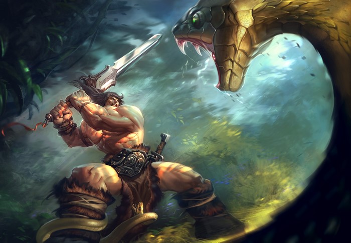 Barbarian fights giant snake in jungle