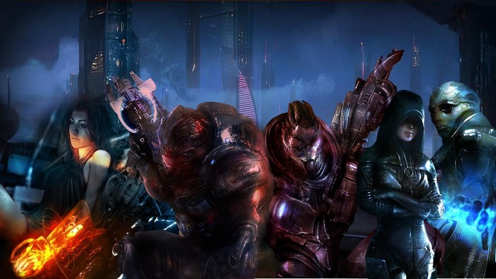Mass Effect 3 characters in a futuristic city