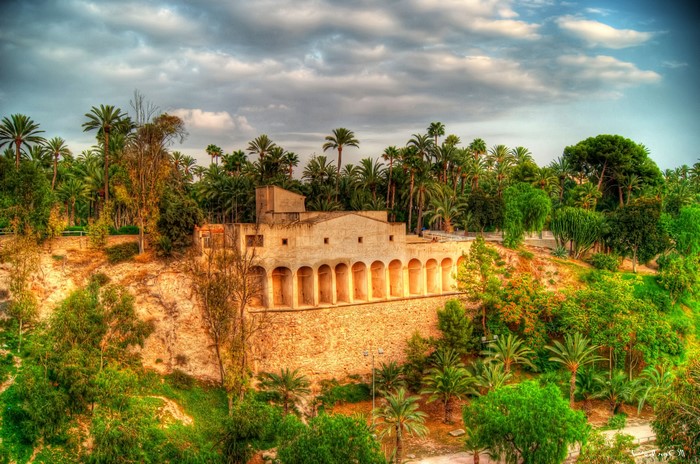 Building with arches in a palm grove