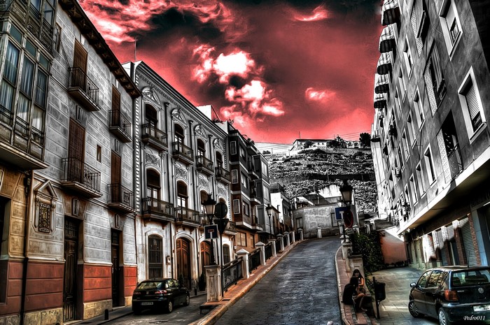 Street in Spain with Red Sky