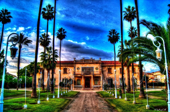 Building with palm trees and street lamps in Spain