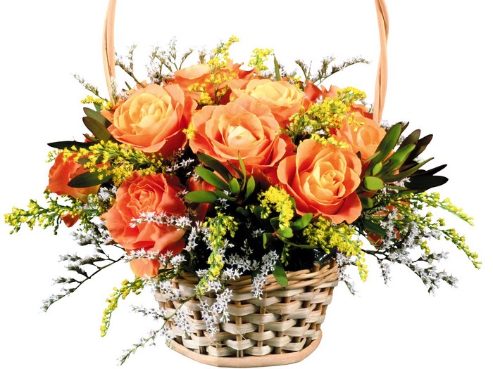 Orange roses in a woven basket