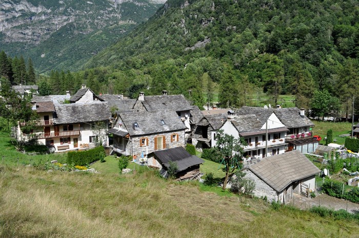 Small village in the Swiss Alps with stone houses