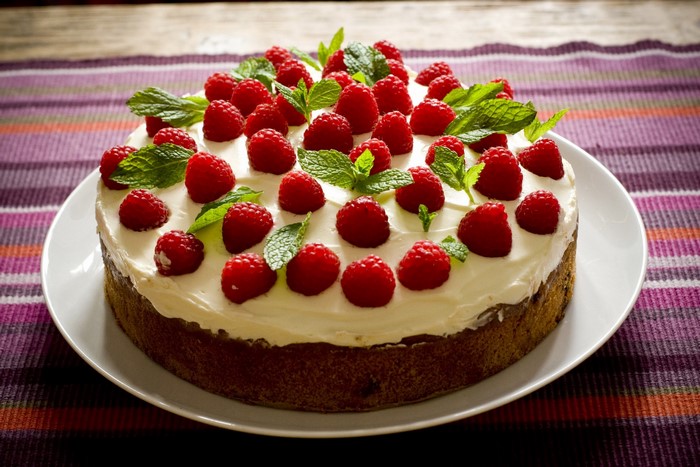 Raspberry and mint cake on a plate
