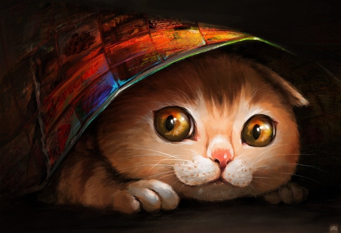 Painting of a cute kitten hiding under a colorful blanket