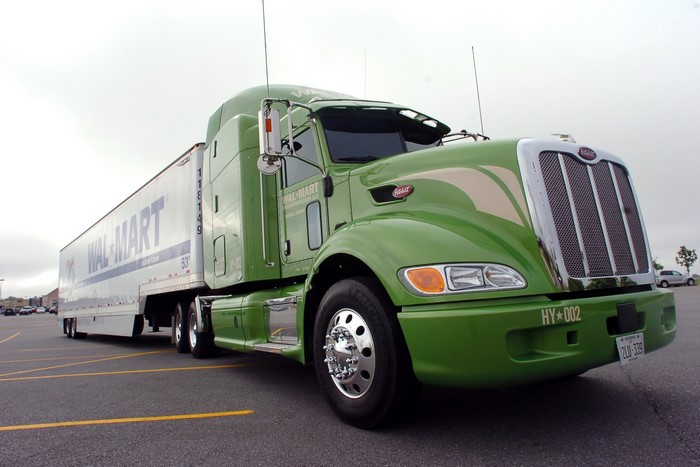 Green Peterbilt Semi-Truck with Wal-Mart Trailer
