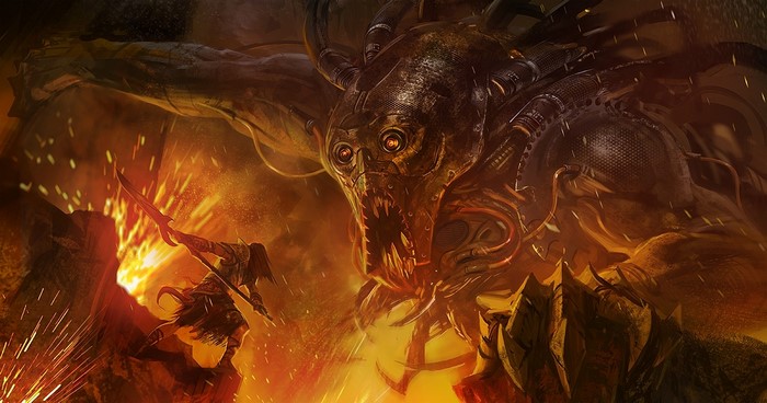 Warrior fights a large mechanical monster in a fiery landscape