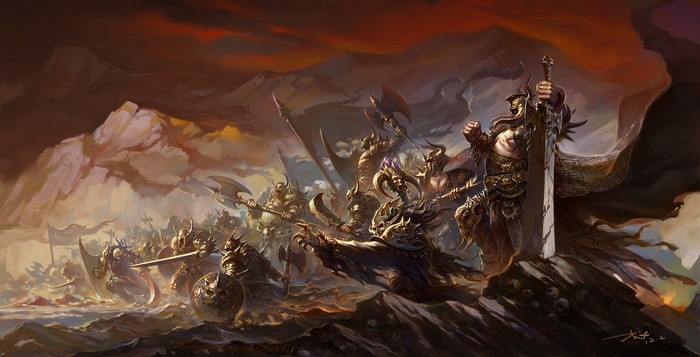 Warriors with swords and armor on a battlefield