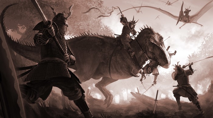 Samurai riding dinosaurs and pterodactyls in battle