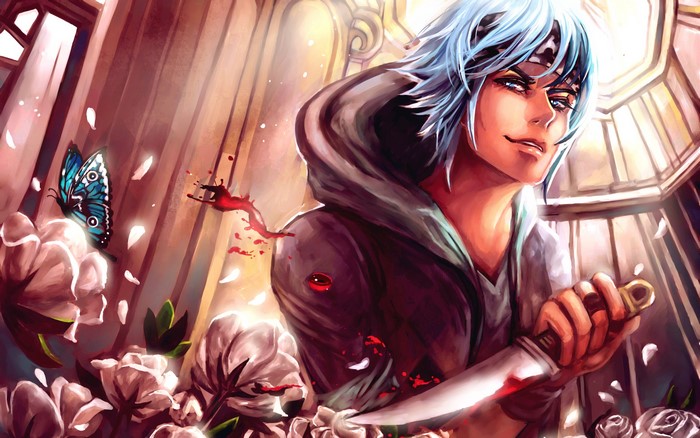 Anime boy with blue hair holding bloody knife
