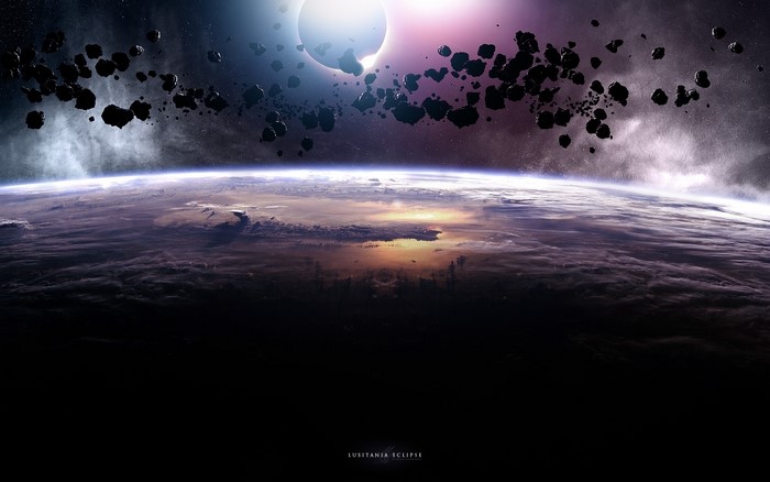 Asteroid belt over planet during eclipse