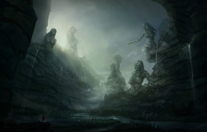 Stone statues of women in a misty canyon with a river