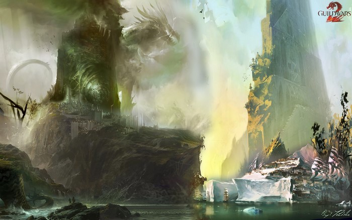 Guild Wars 2 concept art with dragon and city