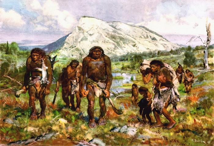 Prehistoric humans migrating through a landscape