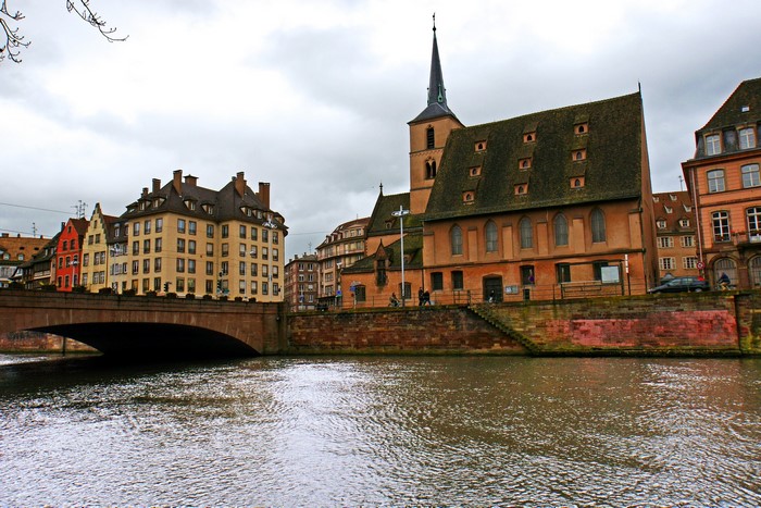 Strasbourg, France canal with bridge and buildings