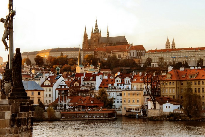Prague, Czech Republic cityscape with Charles Bridge statue