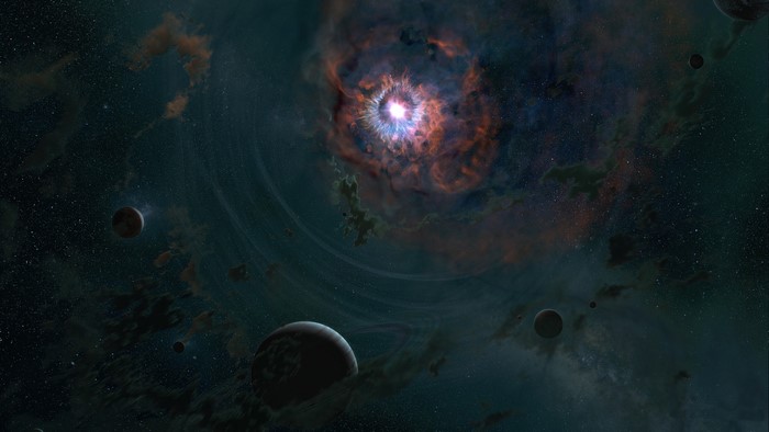 Cosmic nebula with planets and stars