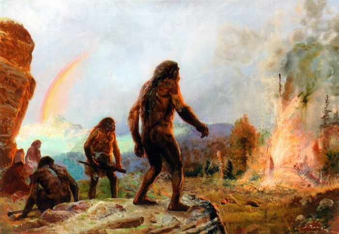 Neanderthals observe a rainbow and a forest fire