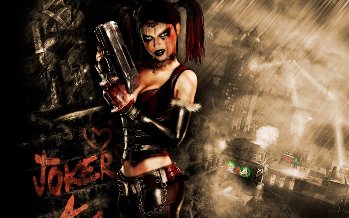Harley Quinn from Batman holding a gun