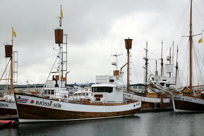 Boats docked in a harbor under a cloudy sky