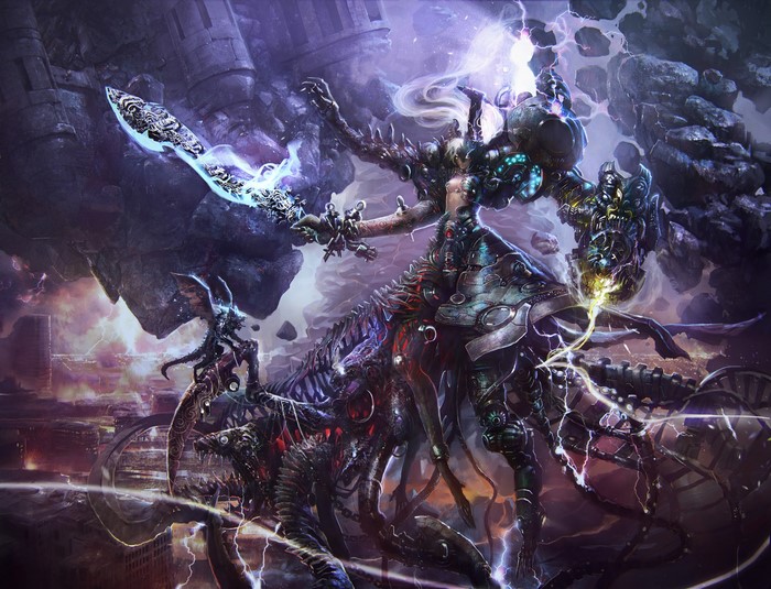 Monsters in a chaotic, stormy cityscape