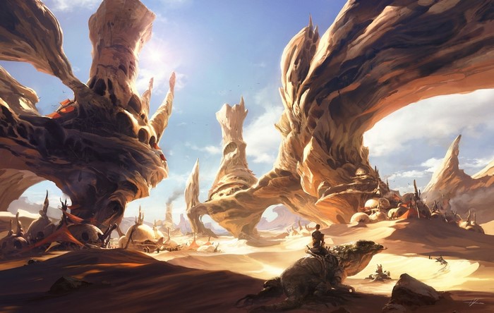 Fantastic world with alien rock formations and settlements