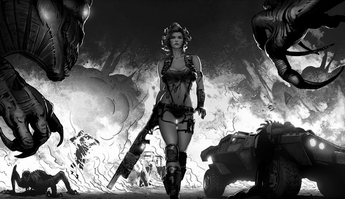 Woman with rifle and monsters in a post-apocalyptic scene