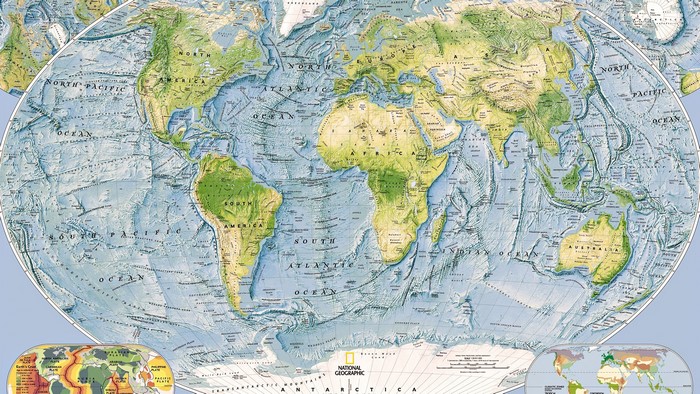 National Geographic World Map with Ocean Floor Topography