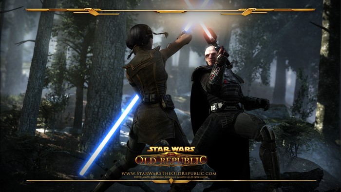 Star Wars The Old Republic characters fighting with lightsabers