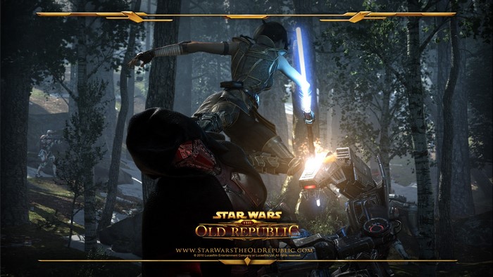 Star Wars The Old Republic characters fighting in a forest