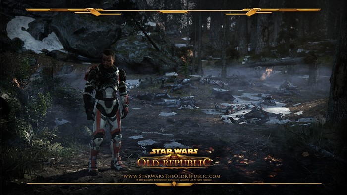 Star Wars The Old Republic character in a forest battlefield