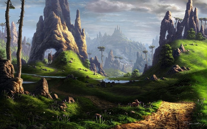 Fantasy landscape with rock formations and a castle