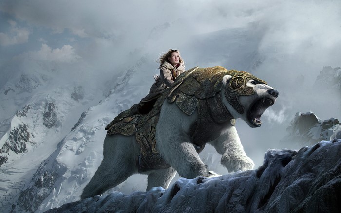 Lyra Belacqua riding armored Iorek Byrnison in The Golden Compass