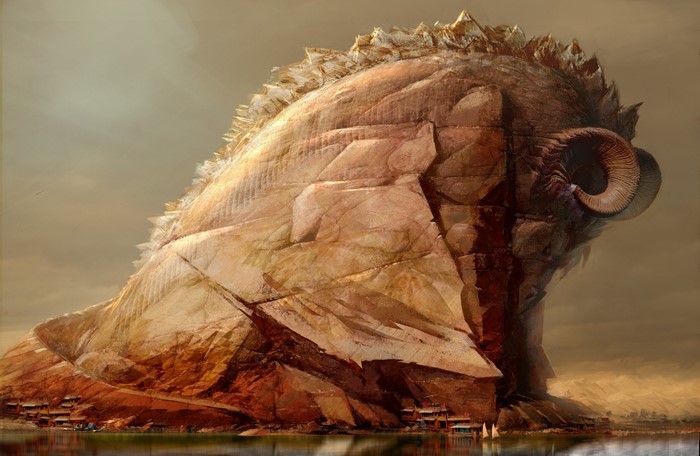 Giant Ram-headed Mountain with Village by Water